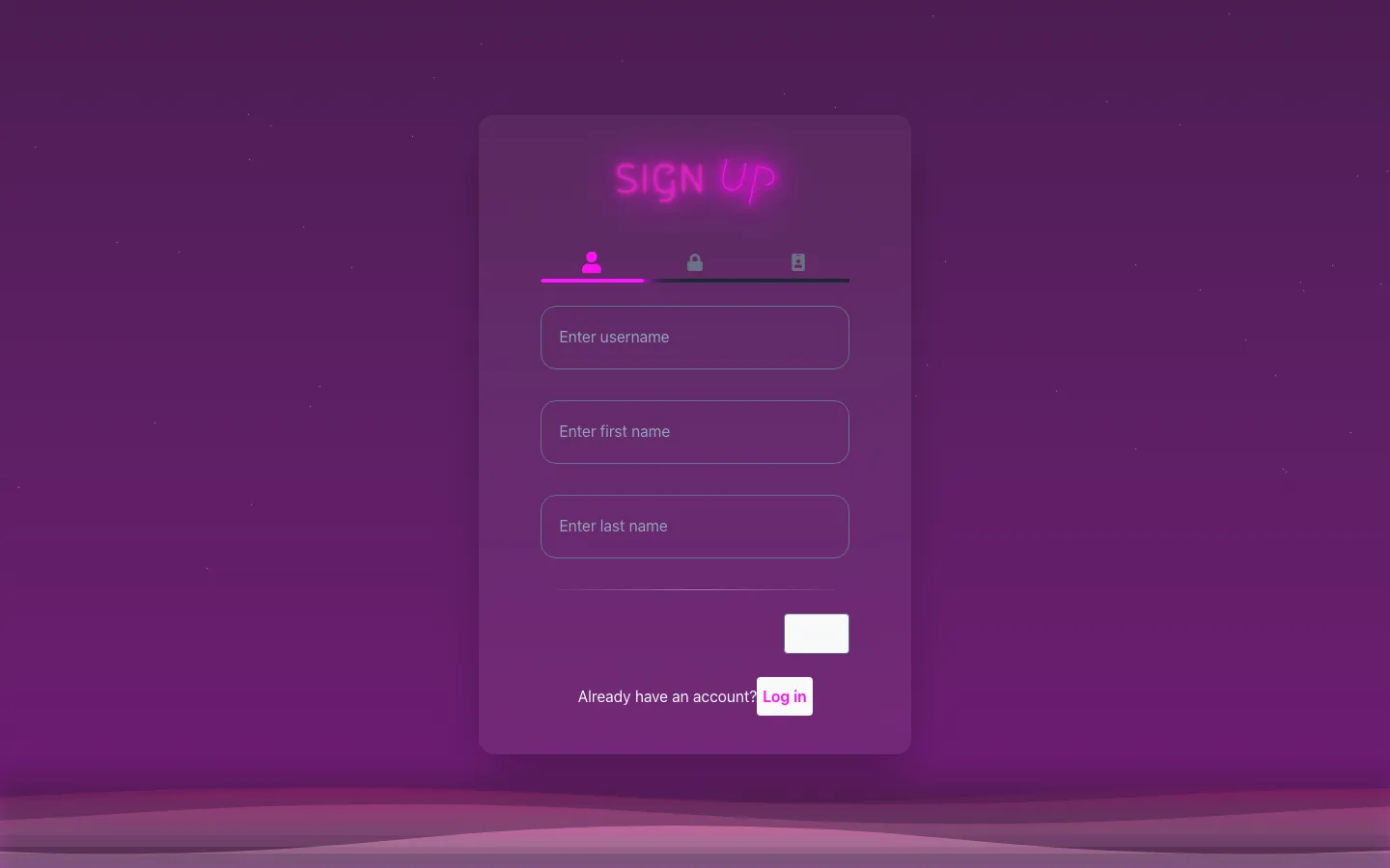 Nocturne Network sign-up screen, step one of three with a neon SIGN UP title, a progress bar with user, lock and card icons, and username, first name and last name fields