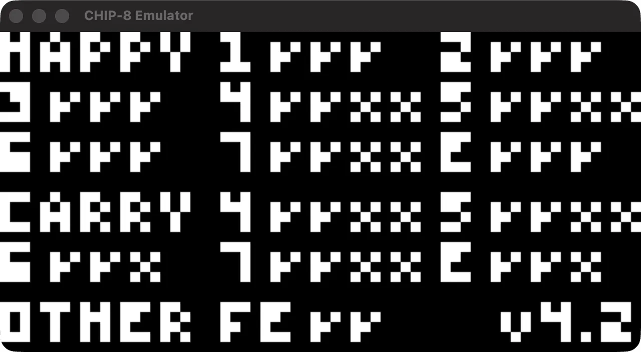Flag and carry test results drawn by a CHIP-8 test ROM in the emulator window