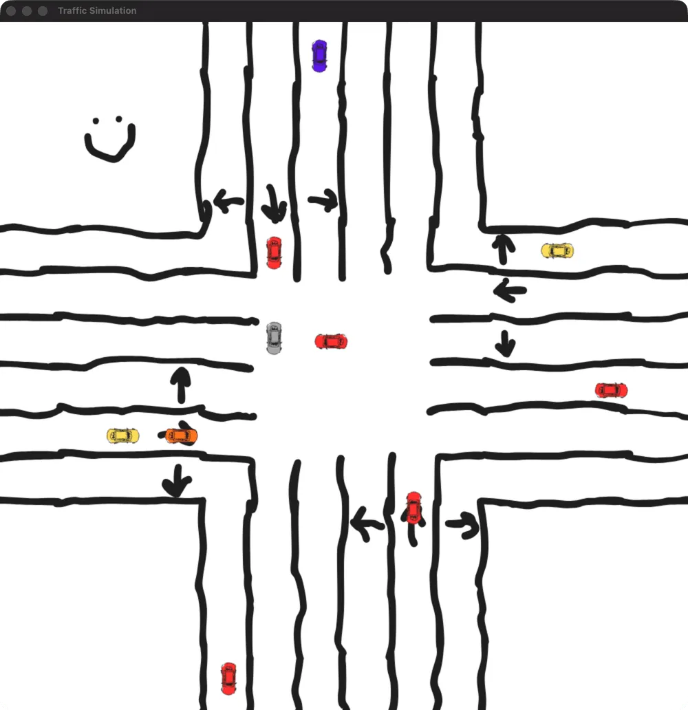 Cars spread across the lanes, one crossing the middle of the intersection