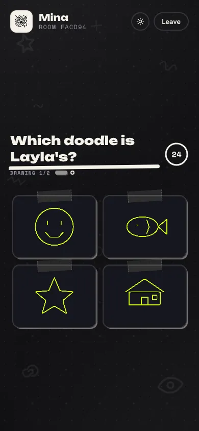 A phone screen asking "Which doodle is Layla's?" with four doodles to choose from, a smiley, a fish, a star and a house