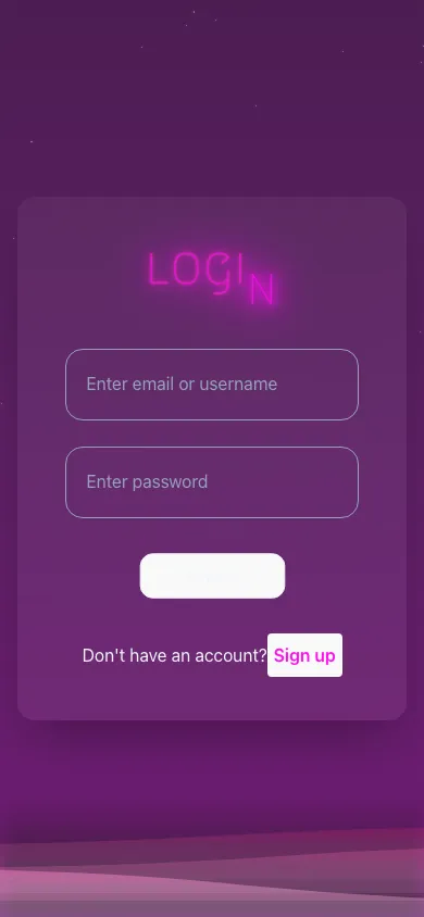 Nocturne Network login screen at phone width, the same frosted card with neon LOGIN title and form fitting a narrow purple starry screen