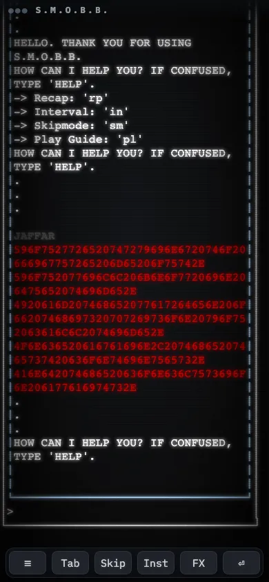 The S.M.O.B.B. browser build on a phone-sized screen, with the hex message wrapped and a touch control bar of Tab, Skip, Inst and FX buttons below.