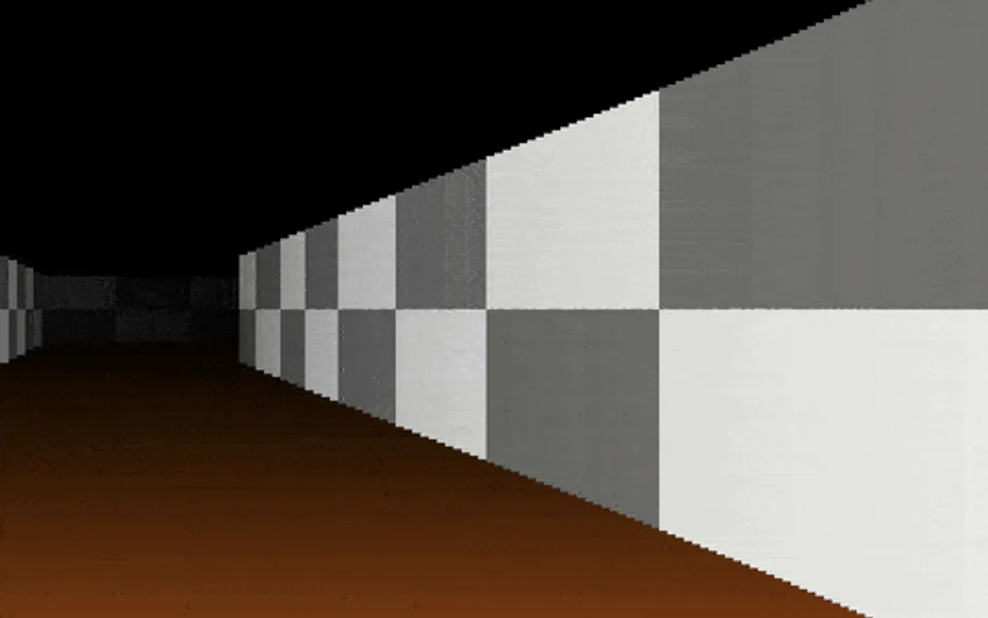 Grey and white checkered wall running along the right side of a dark hallway with a brown floor gradient