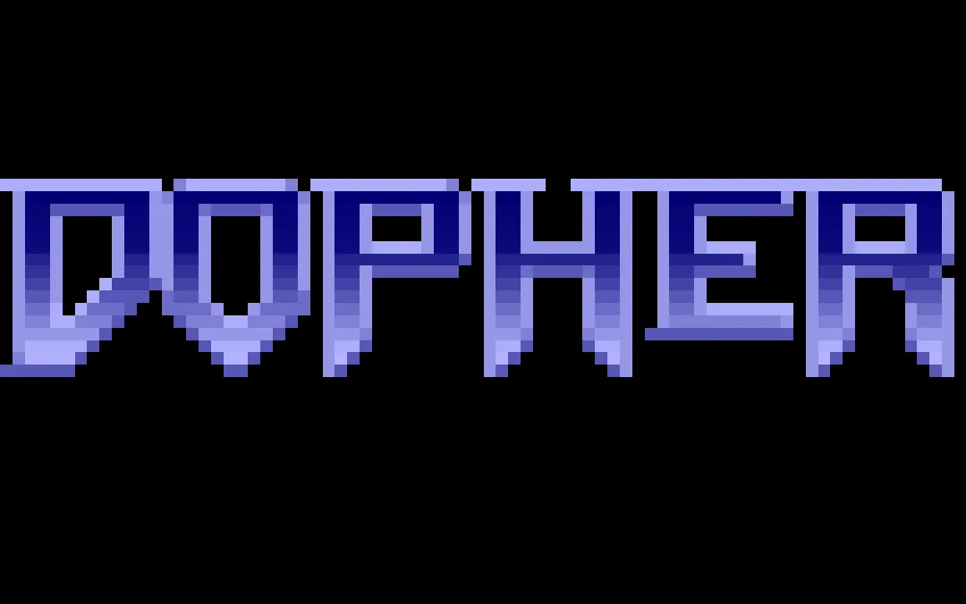The word DOPHER in blue gradient pixel-art lettering on a black background