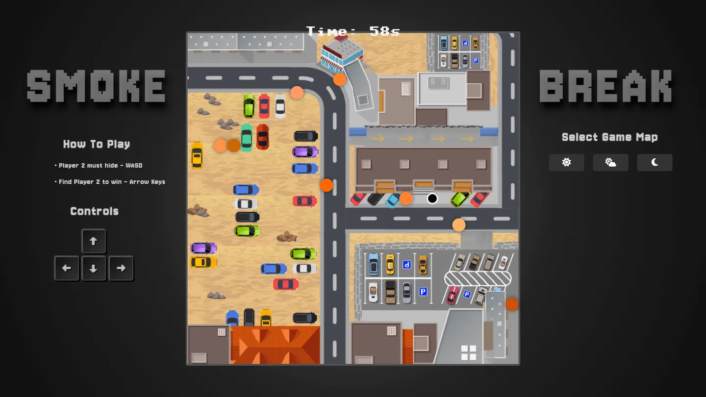 Two-player Match mode mid-game with a 58 second countdown, WASD hider and arrow-key seeker instructions