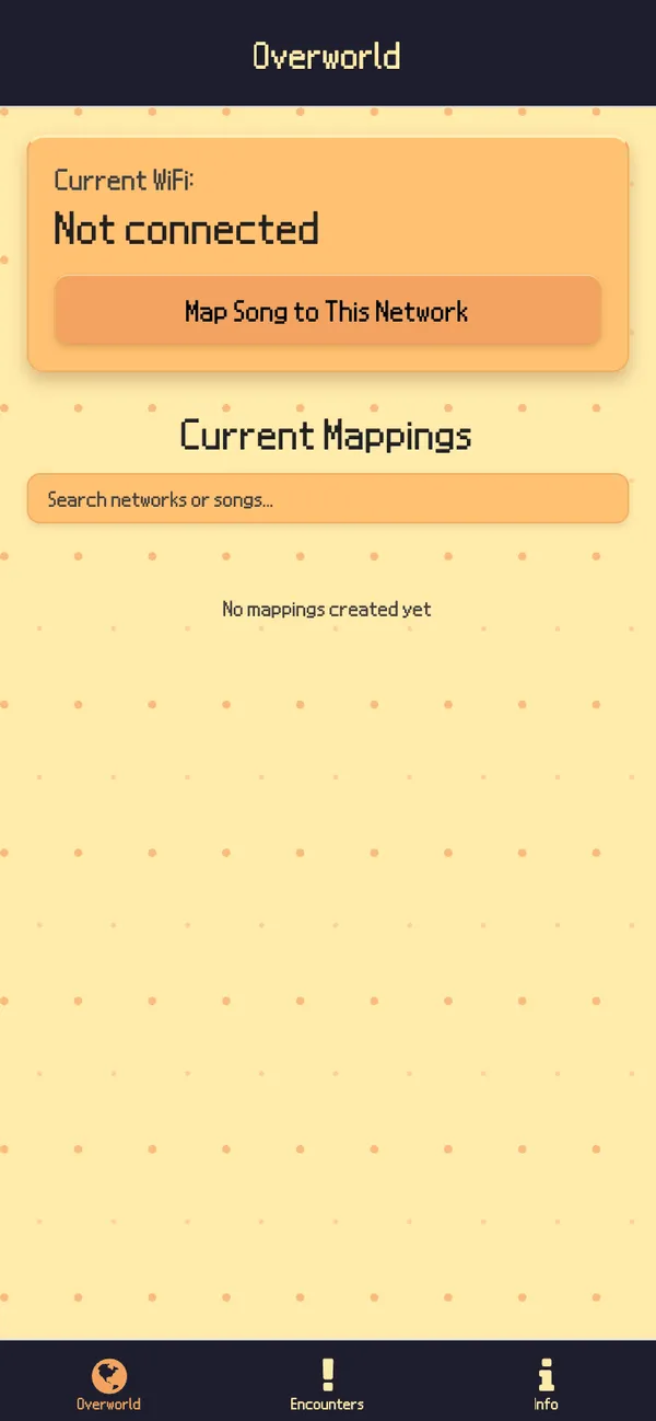The Overworld tab on first run: not connected to any WiFi, a Map Song to This Network button and an empty mappings list.