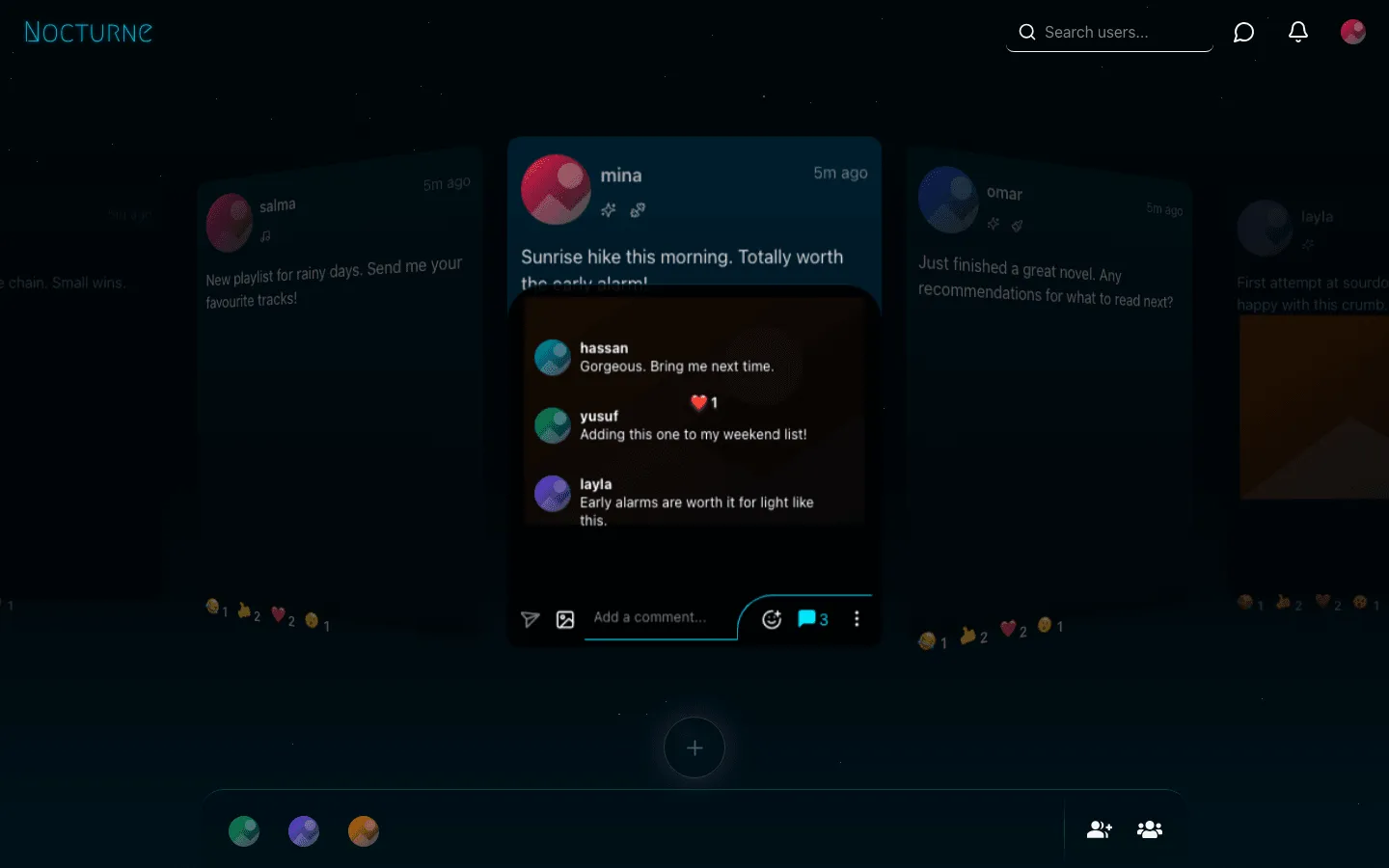 Nocturne Network post card flipped to its comment thread, three friendly replies from hassan, yusuf and layla with a heart reaction on one and an add-a-comment field below