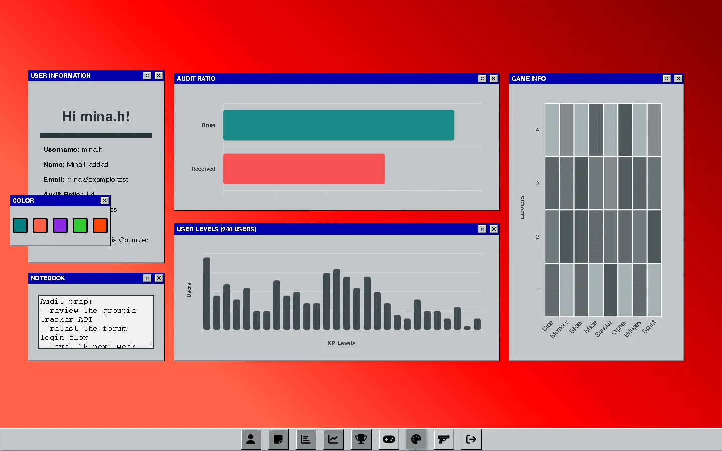 The taskbar colour picker open, a small window with five colour swatches.