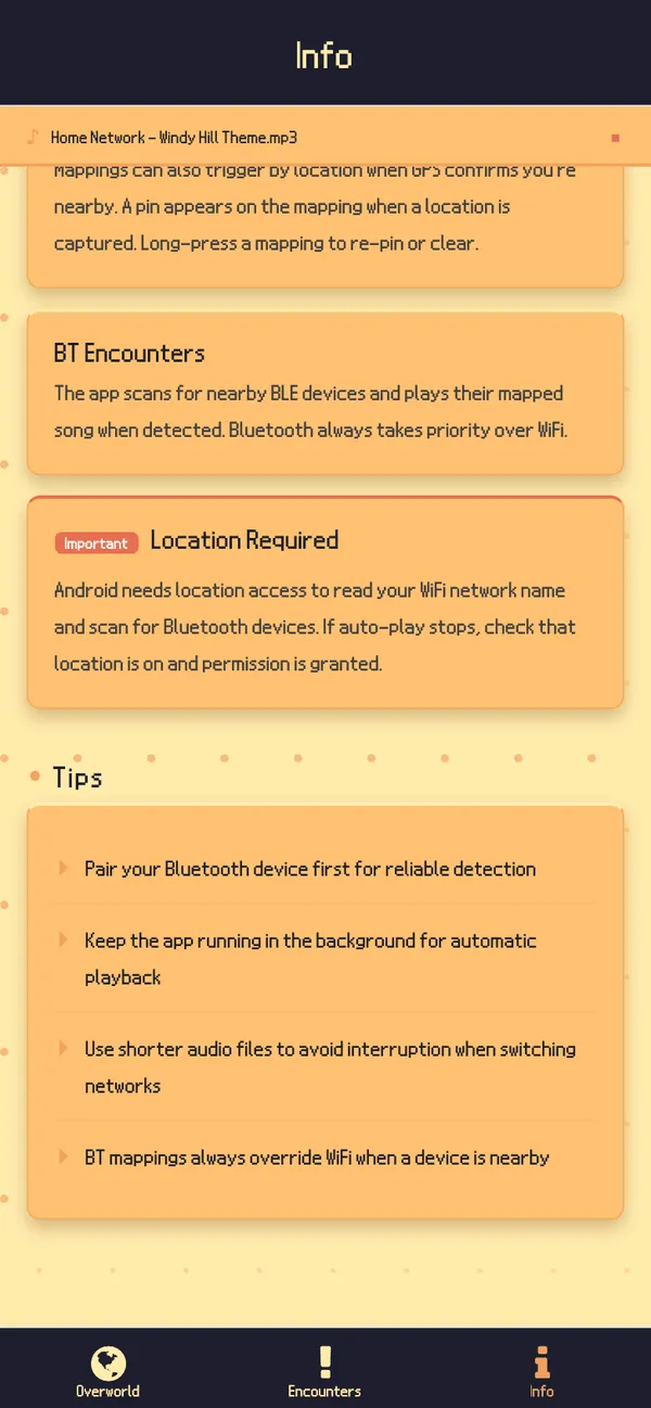 The Info tab explaining WiFi mappings, location fallback and Bluetooth encounters.