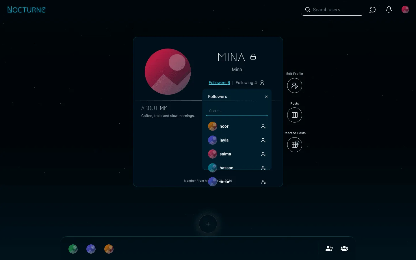 Nocturne Network profile with a Followers popover listing noor, layla, salma, hassan and omar with a search box and remove-follower icons