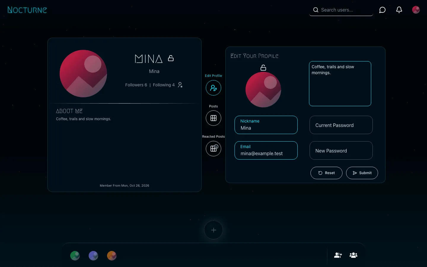 Nocturne Network edit-profile panel beside the profile card, with nickname, email, about-me, current and new password fields and Reset and Submit buttons
