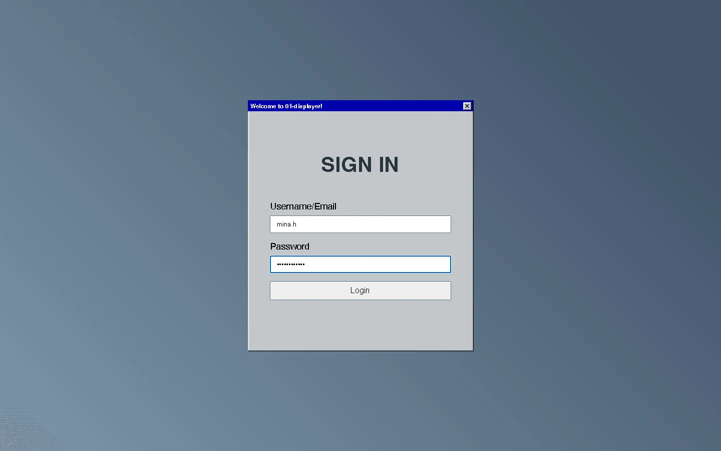 The sign-in dialog with a demo username and a masked password filled in.