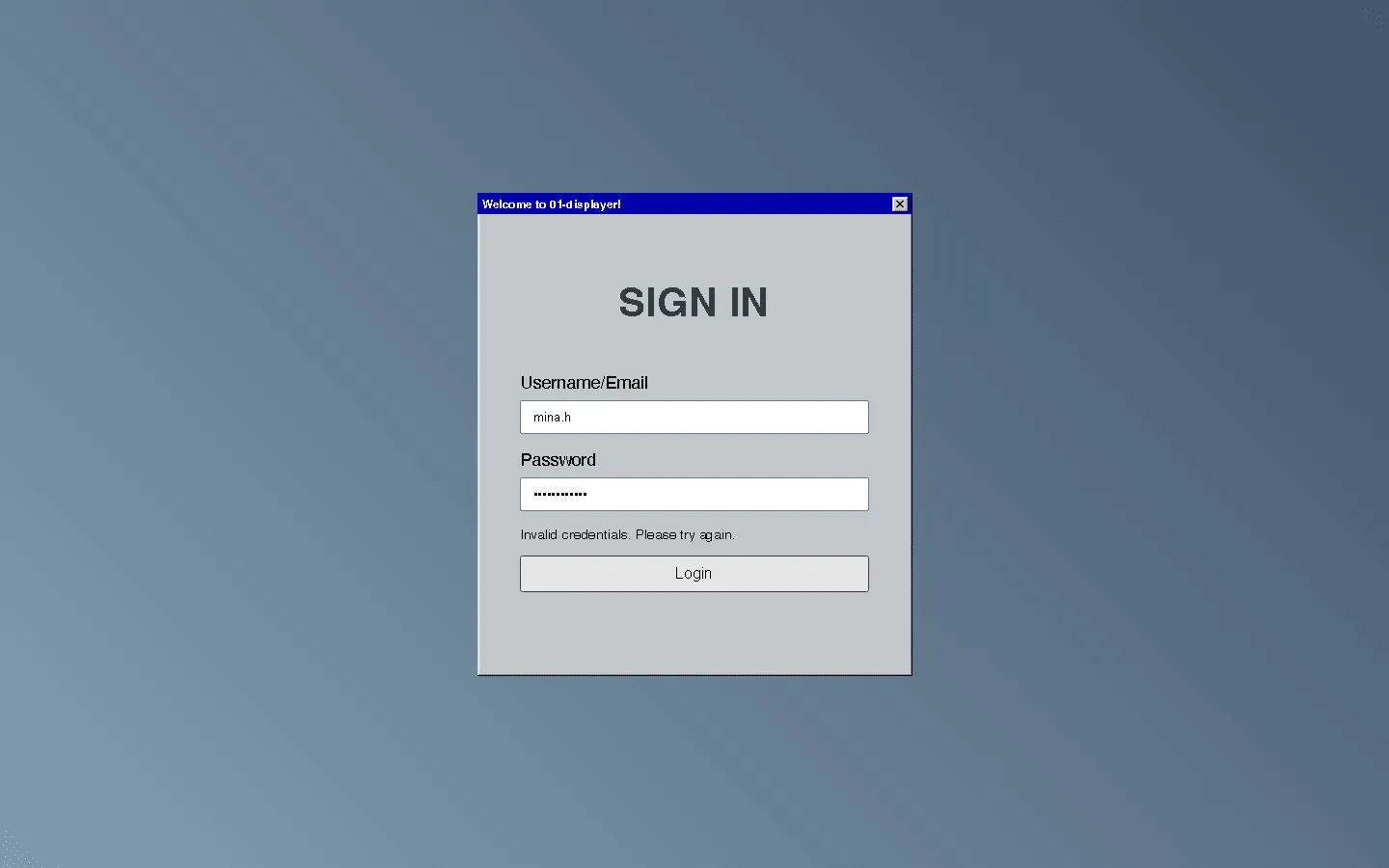 The sign-in dialog showing an invalid-credentials error under the password field.