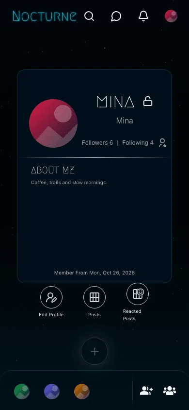 Nocturne Network profile at phone width with the avatar, name, counts and about-me text in one card and the action buttons laid out in a row beneath it