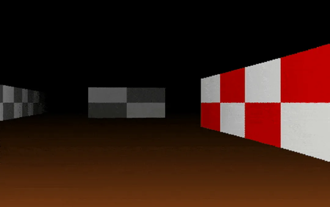 First-person view down a dark corridor in the Dopher raycasting engine, with a red and white checkered wall on the right, grey checkered walls ahead, and a brown gradient floor