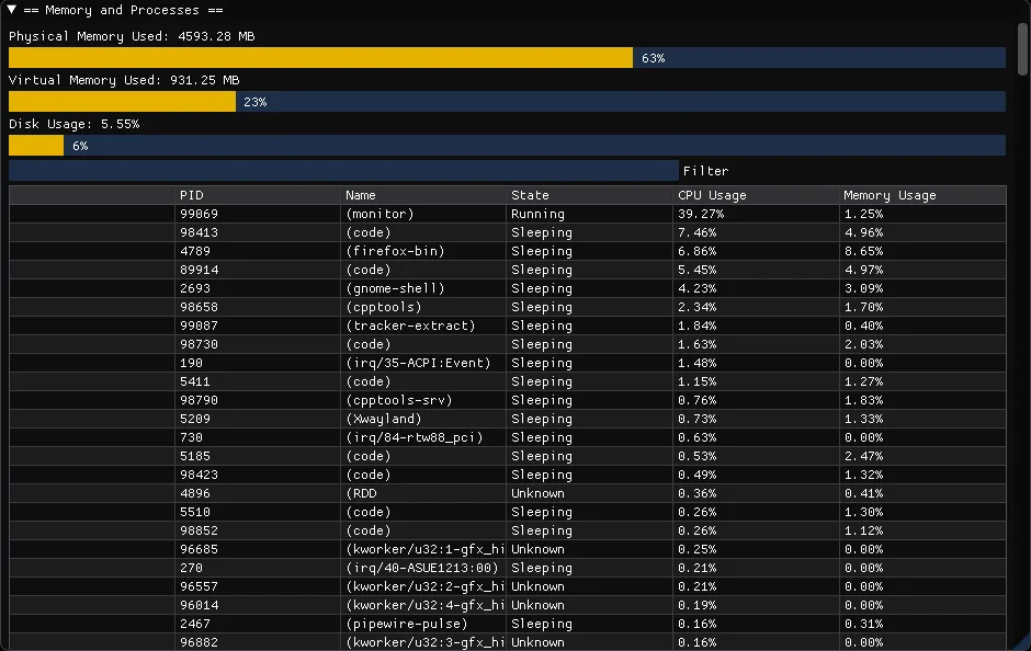 The LPS "Memory and Processes" panel in a dark Dear ImGui theme, with bars for physical memory, virtual memory and disk usage above a filterable table of process IDs, names, states, CPU and memory usage.