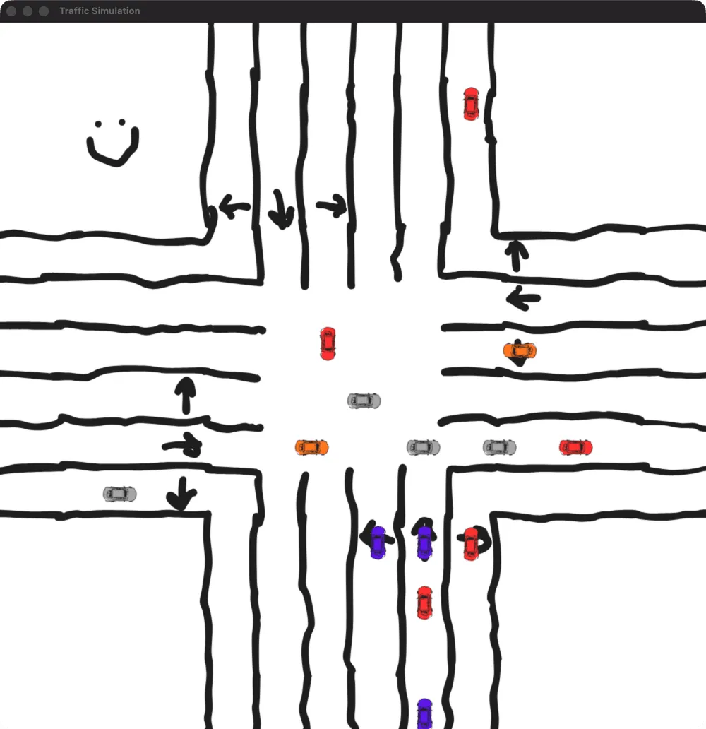 Hand-drawn four-way intersection with cars of several colours queuing and crossing in every lane