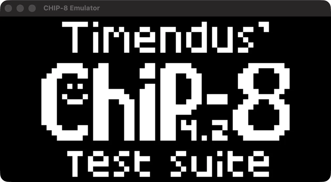 The emulator window running a public CHIP-8 test ROM, white pixel lettering on black