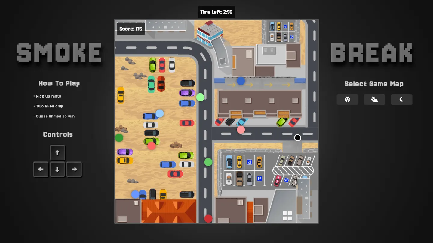 Smoke Break single-player maze from above, a top-down campus map with parked cars, coloured characters, and Score and Time Left counters