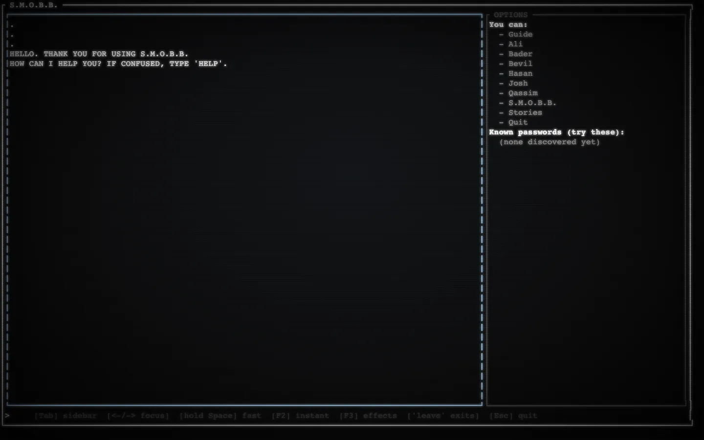 The S.M.O.B.B. terminal-style web game at its start, with a greeting in the story pane and an Options sidebar listing characters to talk to.